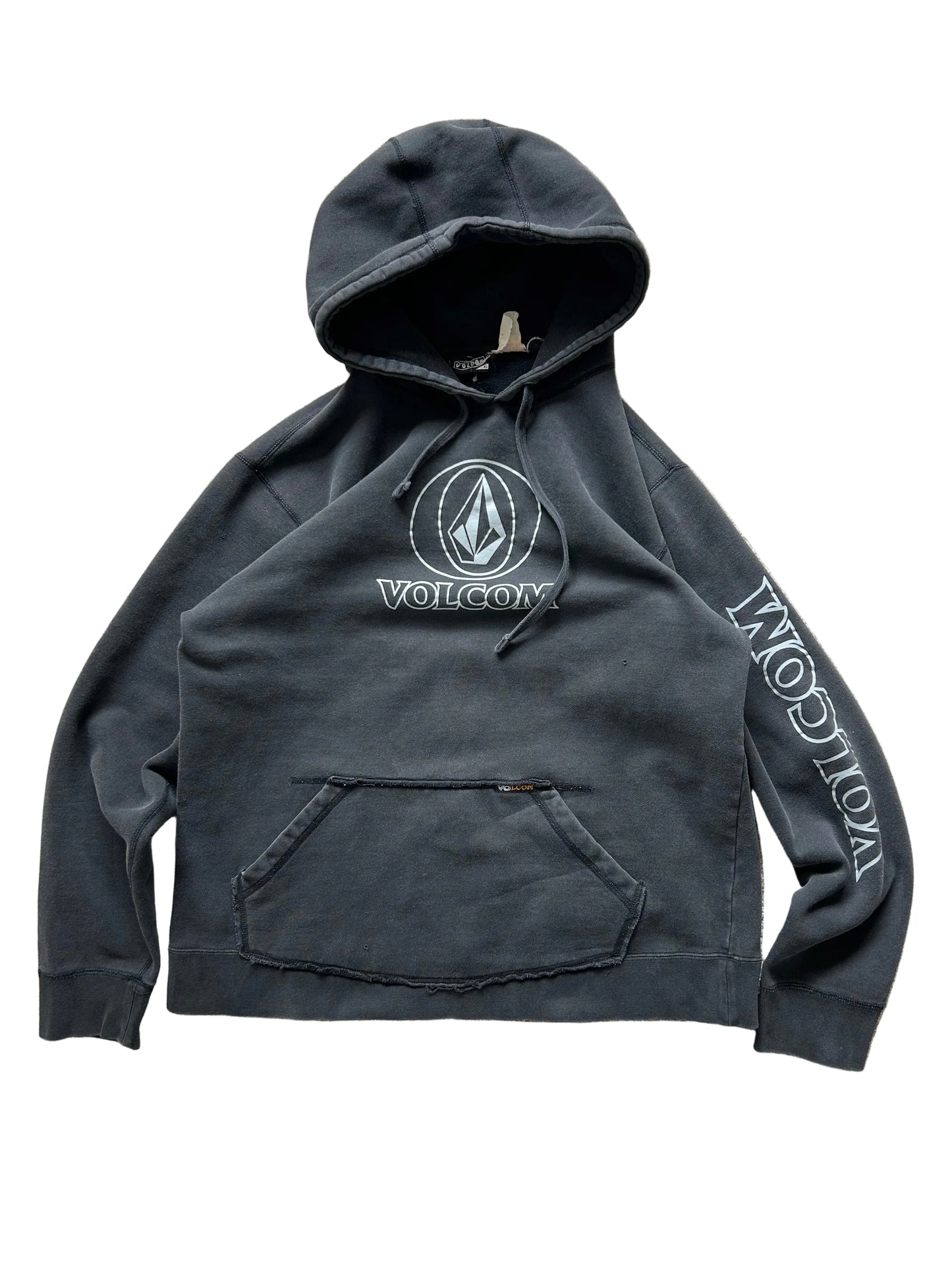 Volcom Boulder Pullover Fleece Hoodie in charcoal heather Black XL Faded with Pinholes Y2K Skate