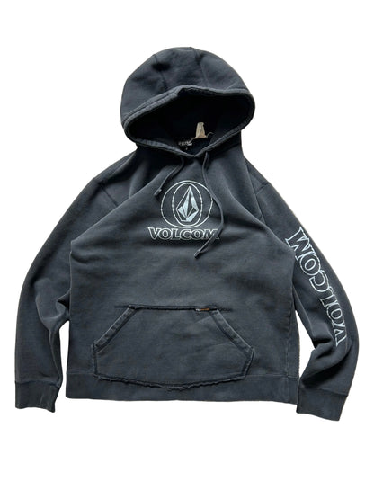 Volcom Boulder Pullover Fleece Hoodie in charcoal heather Black XL Faded with Pinholes Y2K Skate