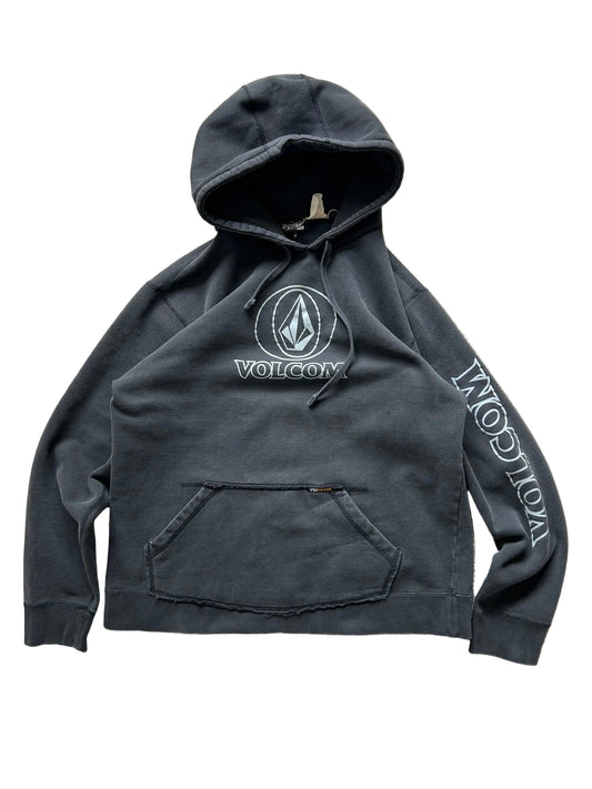 Volcom Boulder Pullover Fleece Hoodie in charcoal heather Black XL Faded with Pinholes Y2K Skate