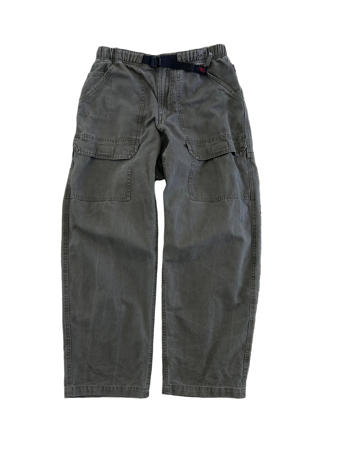 Gramicci Canvas EQT Pants in a washed dusk aged colorway, featuring an integrated webbed belt and utility cargo pockets. Small