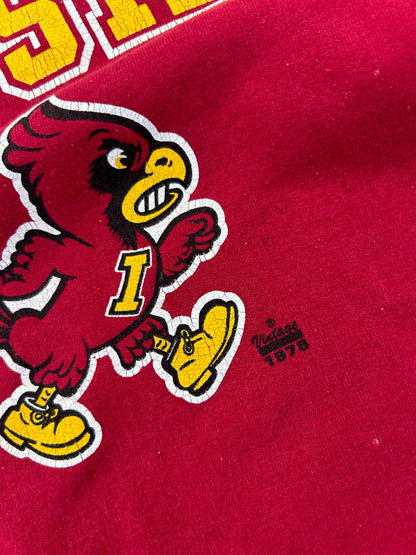 Vintage red crewneck sweatshirt features an Iowa State University graphic with the mascot Cy Medium