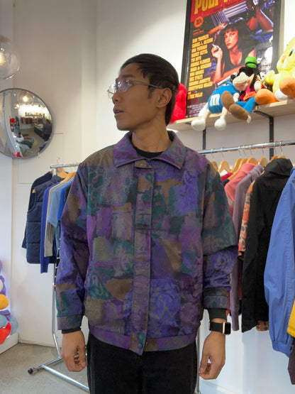vintage Forrester's patterned zip-up jacket featuring an abstract purple, blue, and dark teal geometric tile design Medium