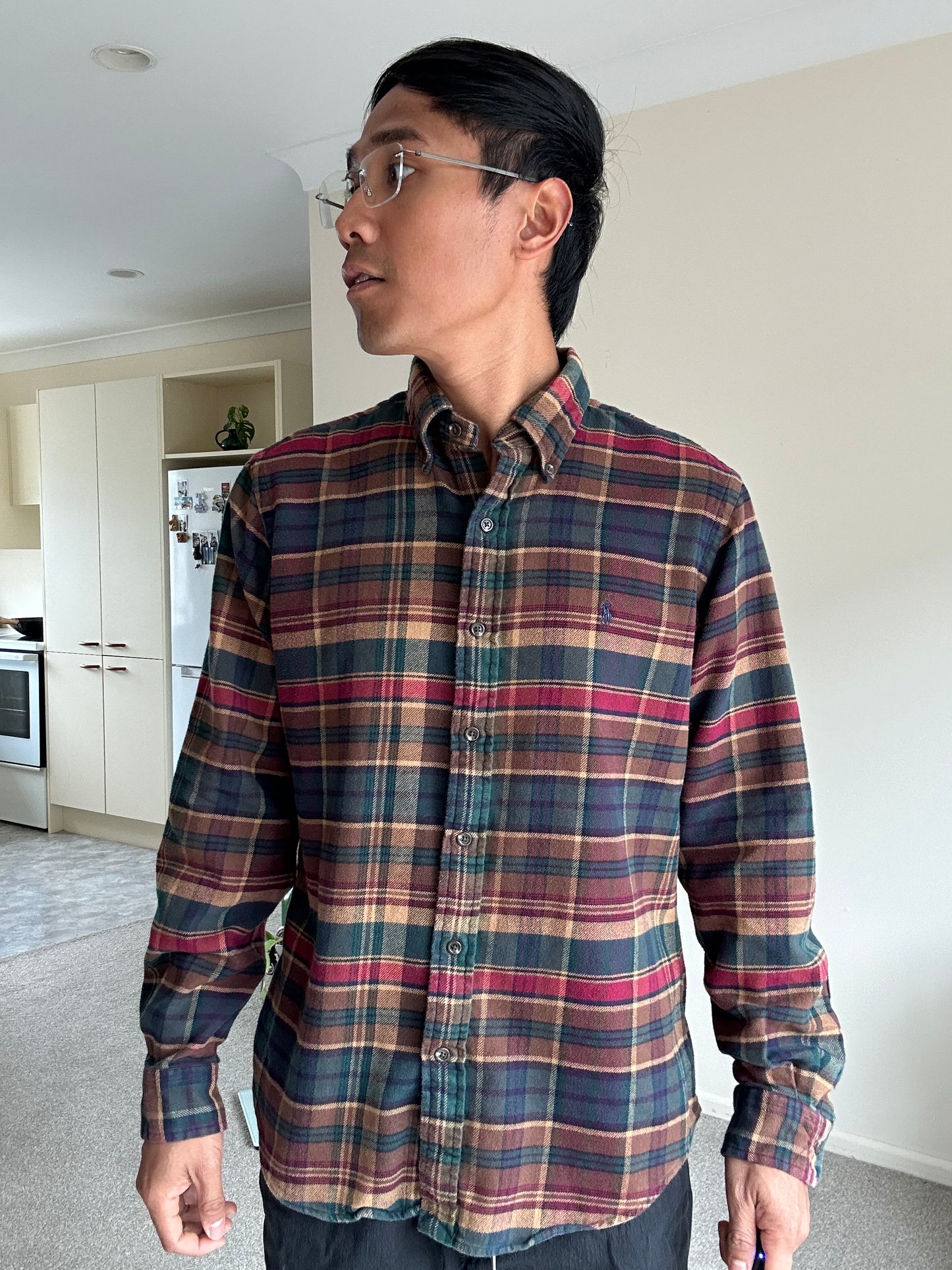 Polo Ralph Lauren plaid-pattern flannel shirt in pine and navy brushed cotton flannel Medium Maroon