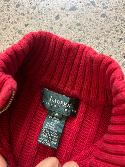 classic red ribbed quarter-zip sweater by Polo Ralph Lauren featuring a high mock neckline and textured vertical ribbing Small
