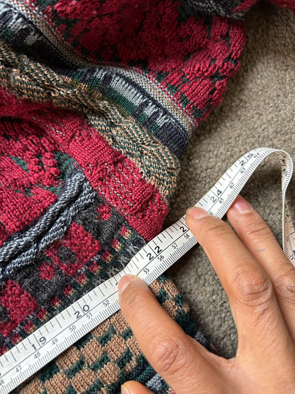 vintage Suave 3D knit sweater features a detailed geometric pattern in shades of red, black, and beige Medium