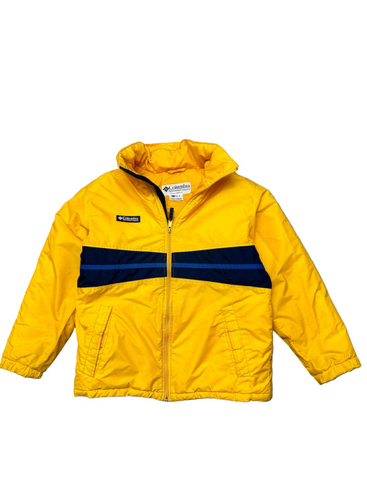 Medium vintage yellow Columbia Sportswear jacket with a blue stripe design across the chest. Has Stains