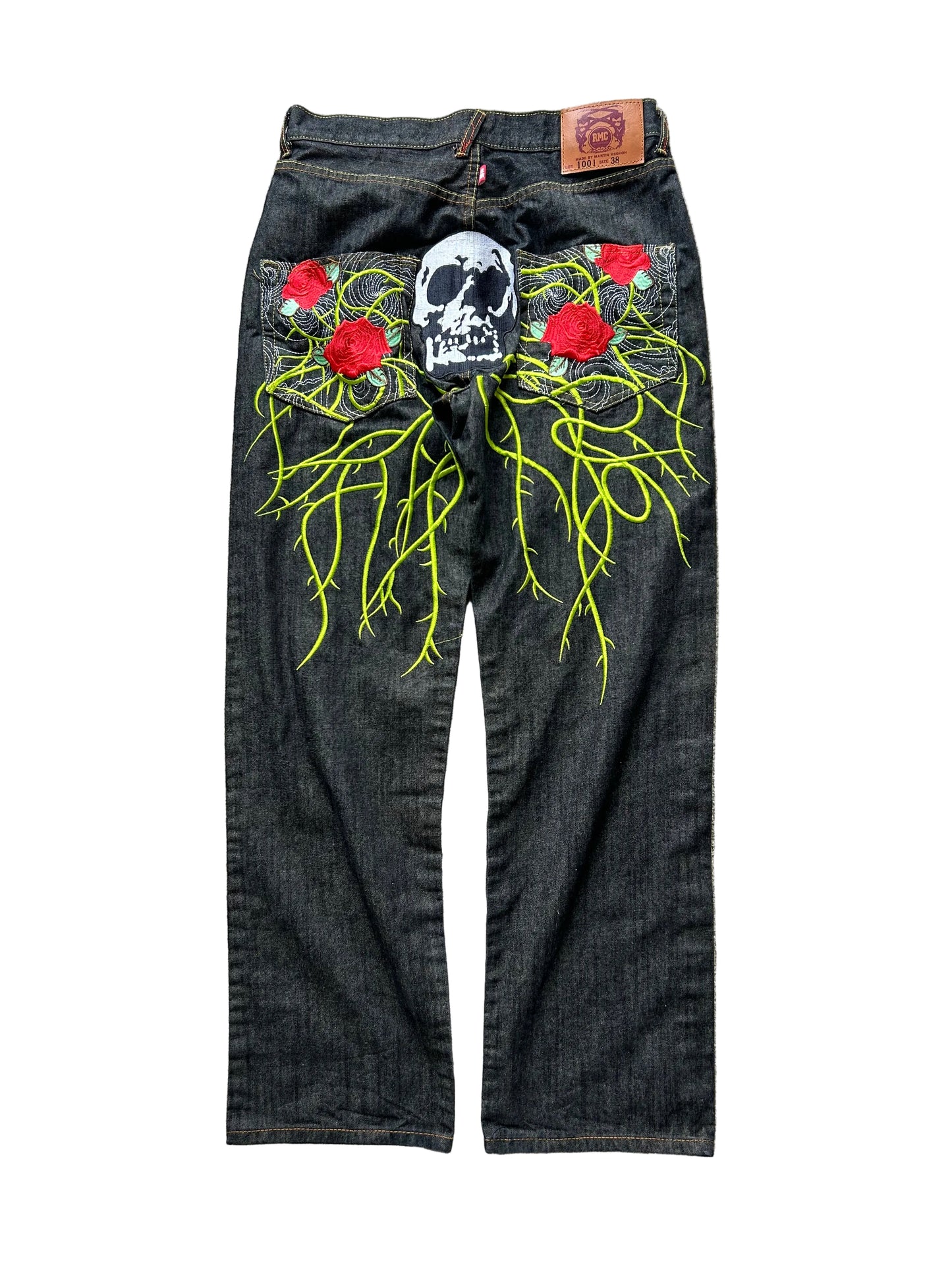 Vintahe RMC Martin Ksohoh wide-leg denim jeans with embroidered skull and rose graphics. size 35 waist