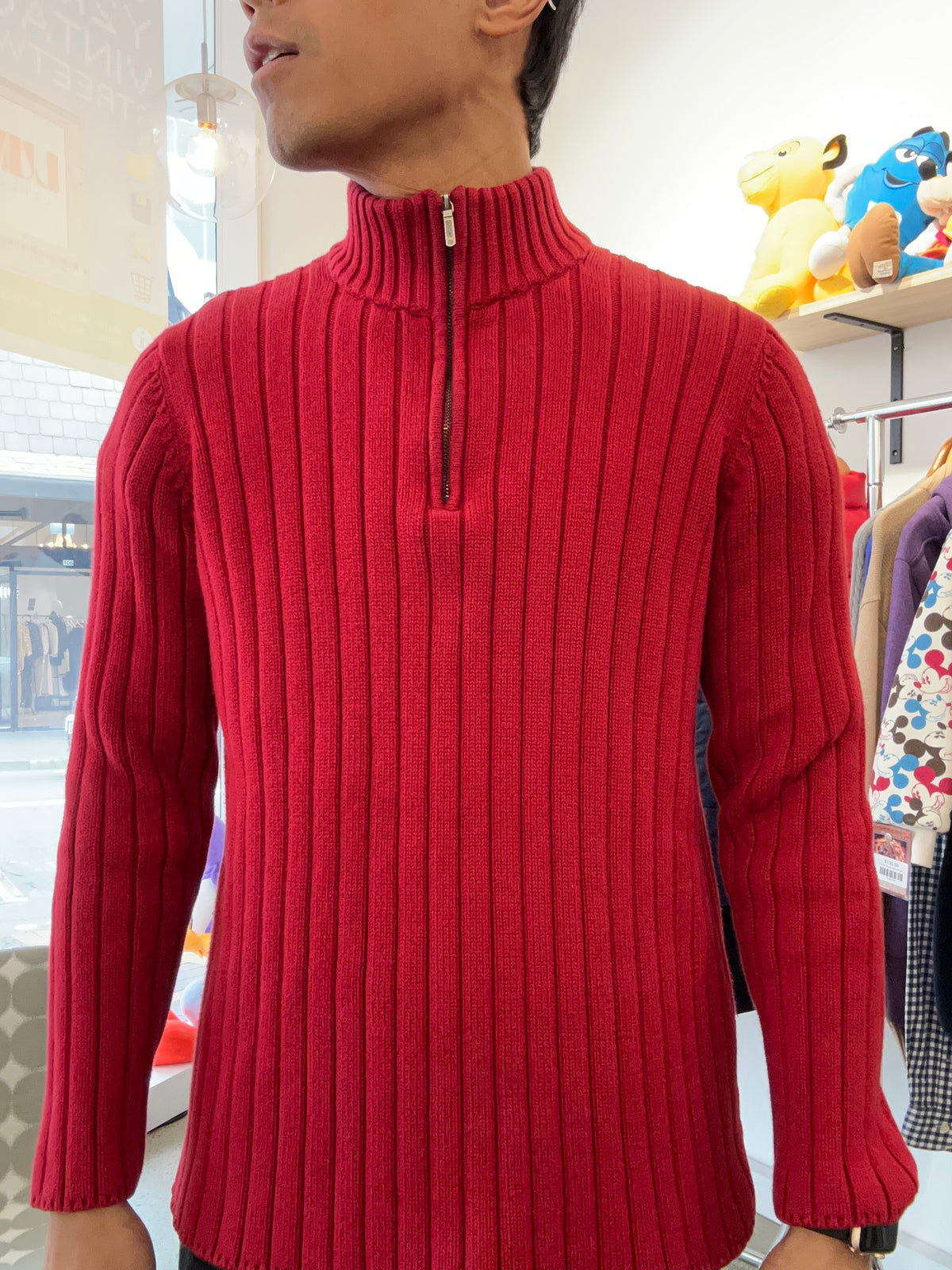 classic red ribbed quarter-zip sweater by Polo Ralph Lauren featuring a high mock neckline and textured vertical ribbing Small