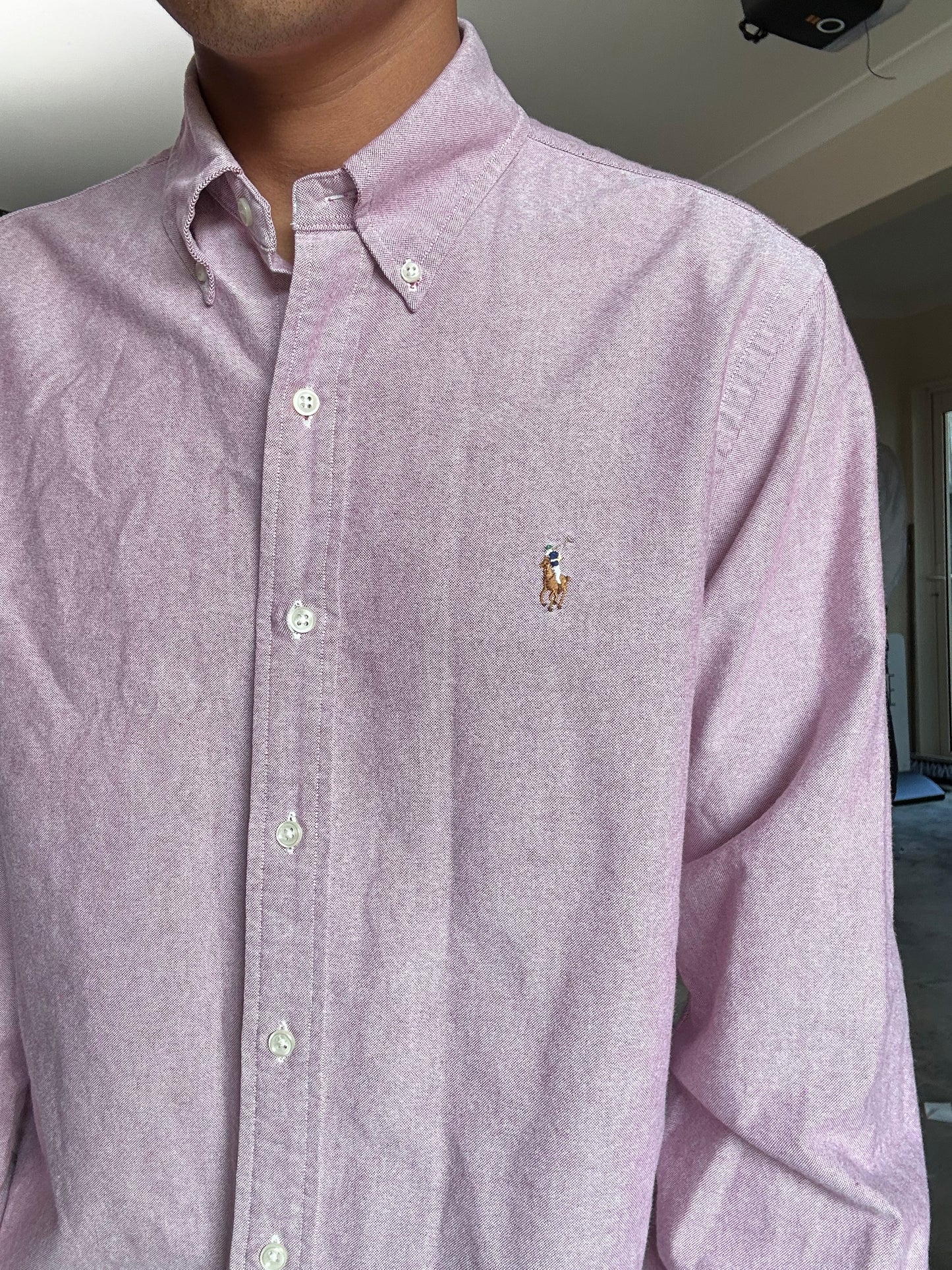 Dark pink shirt is a Polo Ralph Lauren classic fit Oxford button-down Medium