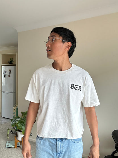 Cream cropped t-shirt with "BEN" printed in black on the chest and neckline Large
