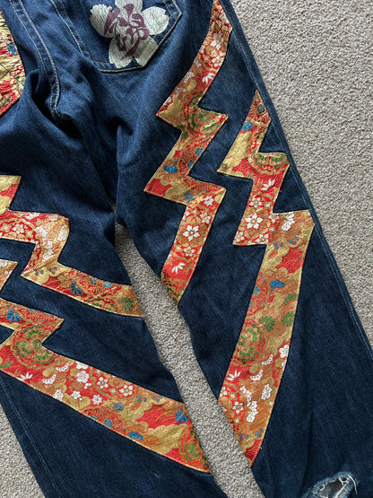 2010s Nishiki Japanese Kimono Thunder Patch Denim Jeans size 34