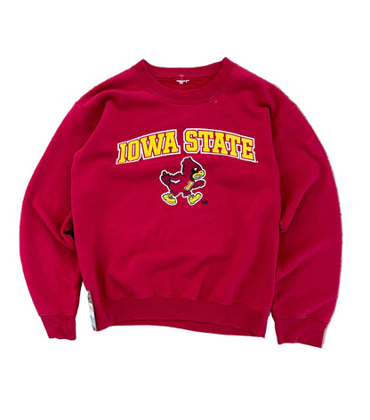 Vintage red crewneck sweatshirt features an Iowa State University graphic with the mascot Cy Medium