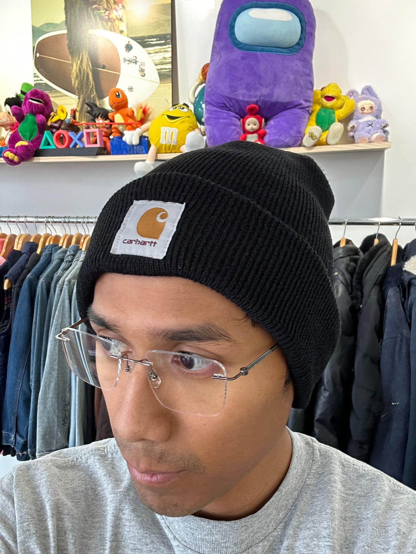 Carhartt WIP Acrylic Watch Beanie in black, featuring a folded cuff and a woven square logo patch