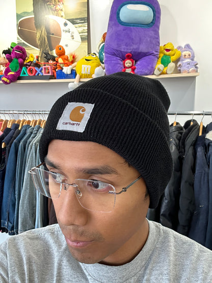 Carhartt WIP Acrylic Watch Beanie in black, featuring a folded cuff and a woven square logo patch