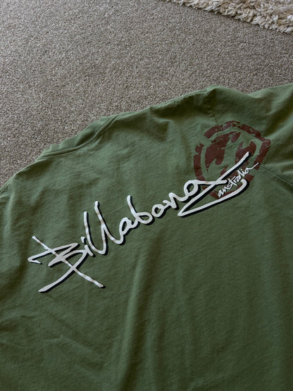 vintage Billabong graphic t-shirt in olive green with a distinctive embroidered logo Large