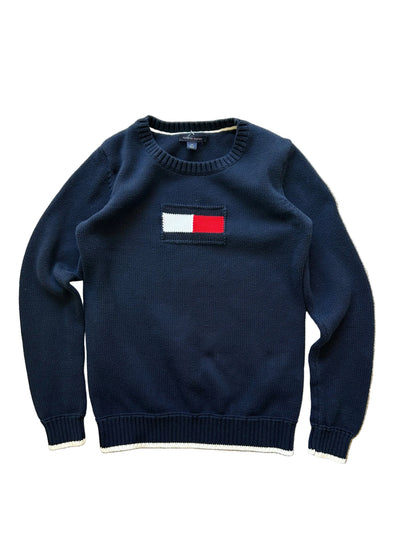 navy blue Tommy Hilfiger crew-neck cotton knit sweater with the iconic red and white flag logo on the chest Small Women's