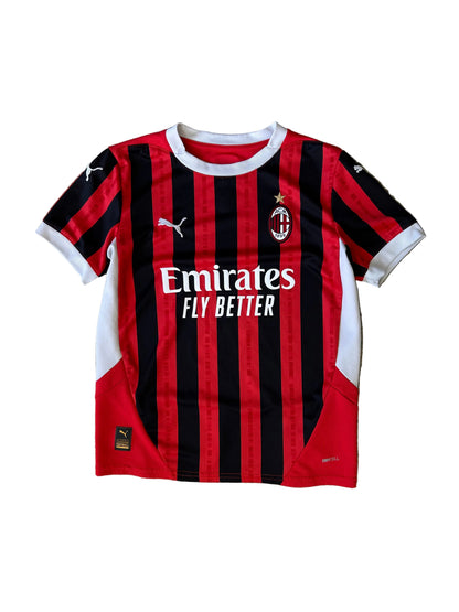red and black striped Puma AC Milan 2024/25 home jersey featuring the white "Emirates Fly Better" sponsor logo XS