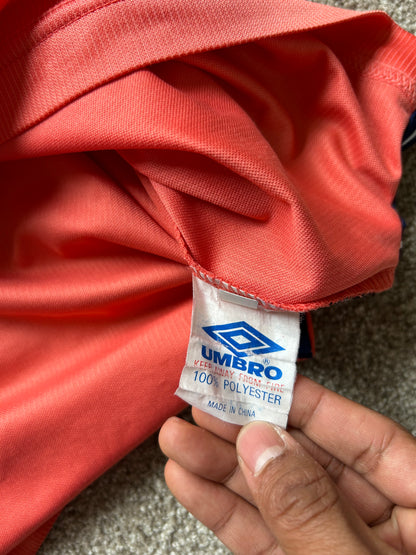 1999-00 Scotland Umbro away football shirt, featuring a distinct coral red body with navy blue accents XS Youth 10-12