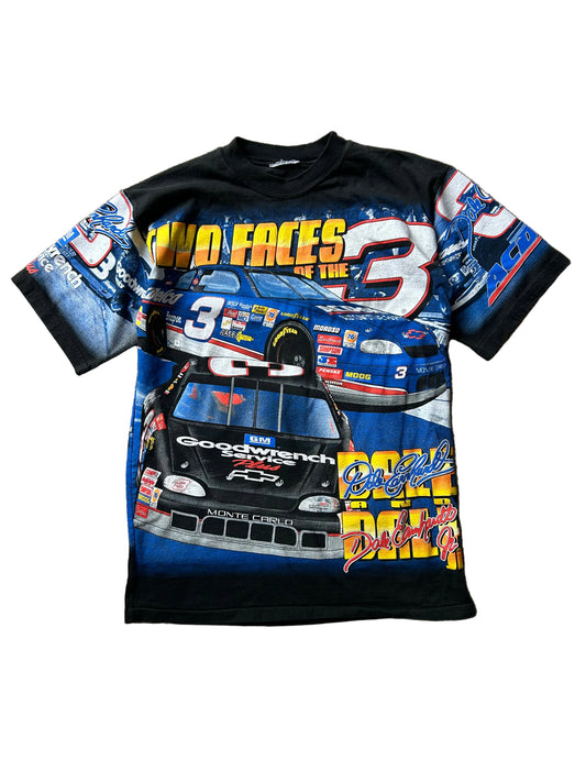 vintage Chase NASCAR "Two Faces of 3" all-over print t-shirt featuring Dale Earnhardt Sr. and Dale Earnhardt Jr Large