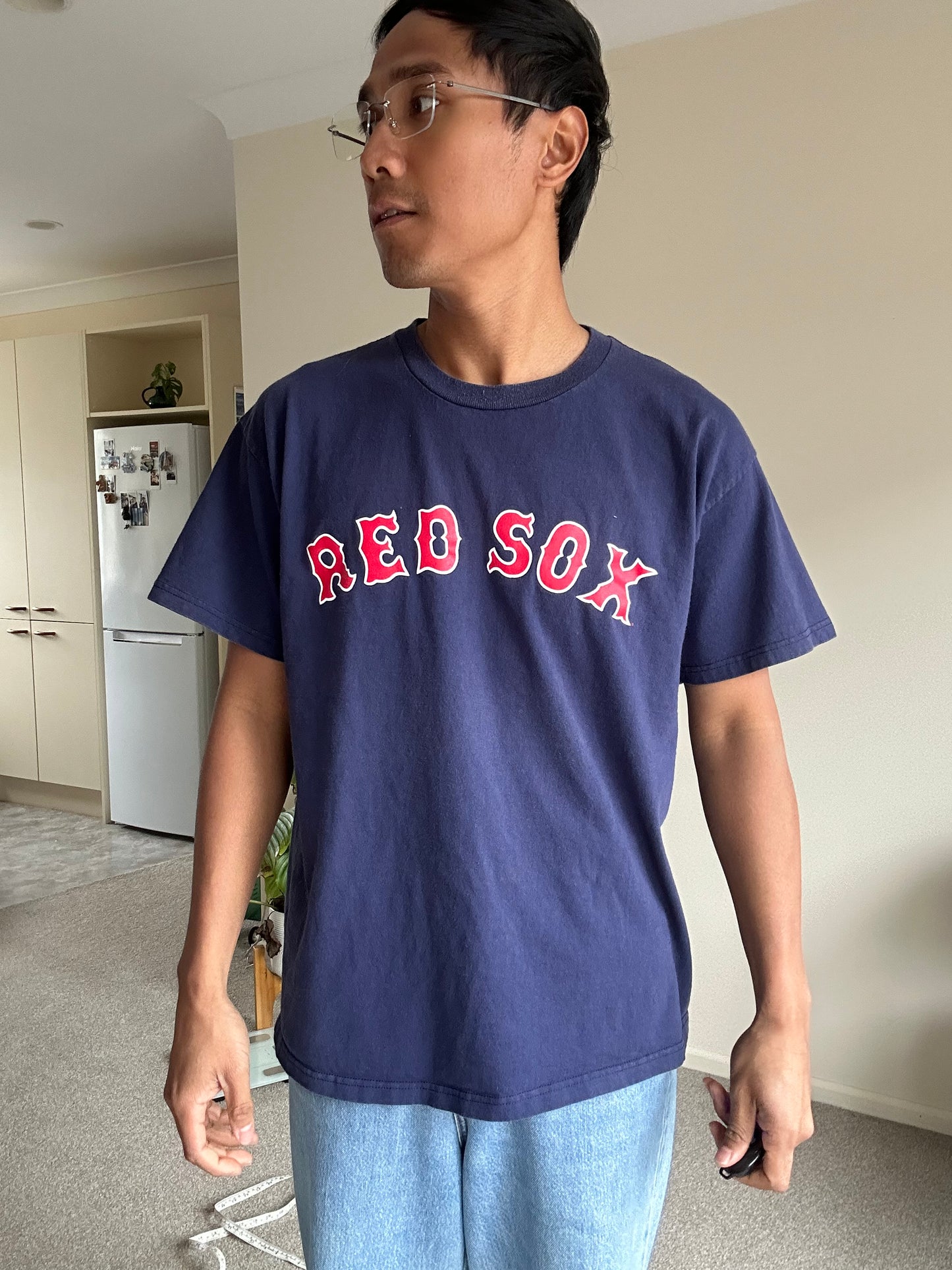 Nvy blue Boston Red Sox T-shirt #15 Pedroia Vintage Large