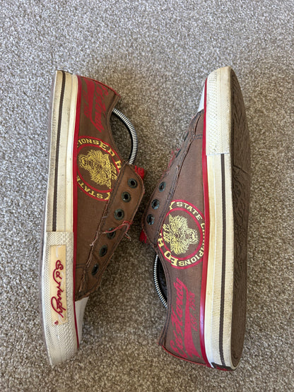 Ed Hardy slip-on canvas sneakers in brown and red with graphic prints.l Brown size US 10 EU 44