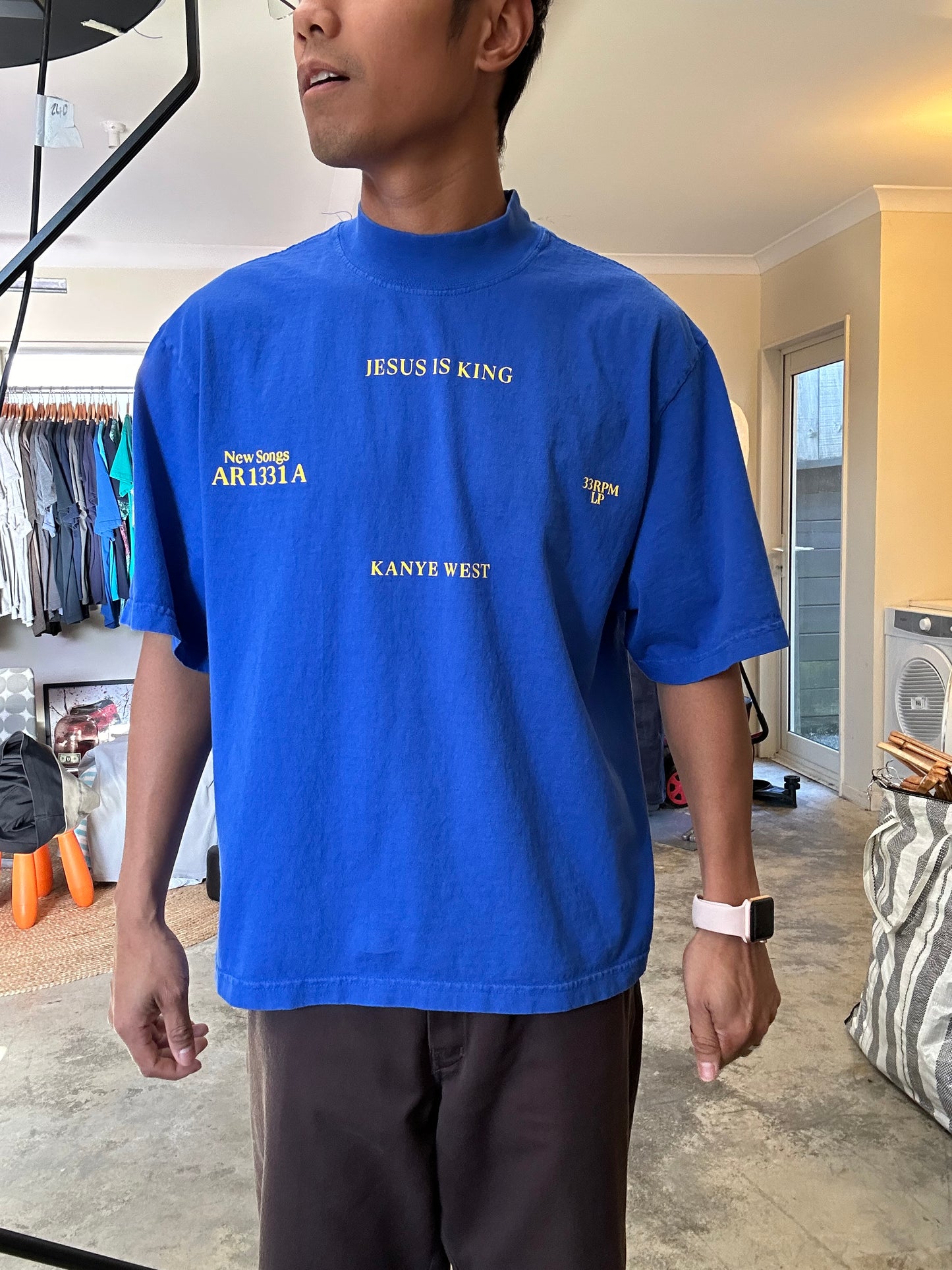 royal blue Kanye West "Jesus Is King" vinyl merchandise t-shirt featuring yellow puff print text Medium