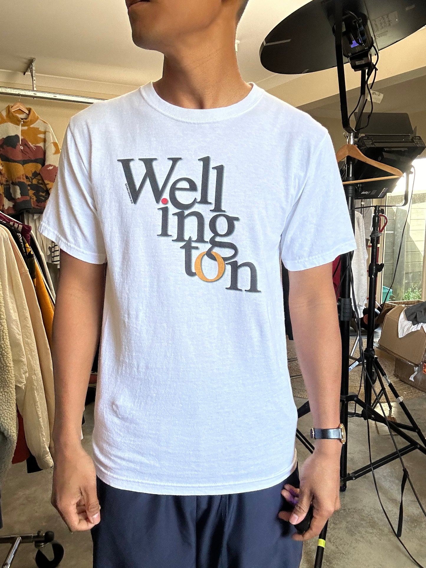 white cotton t-shirt featuring a "Wellington" graphic Small Anvill Blue Tag