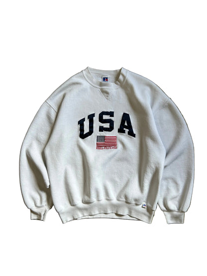 vintage Russell Athletic USA flag embroidered crewneck sweatshirt Large White