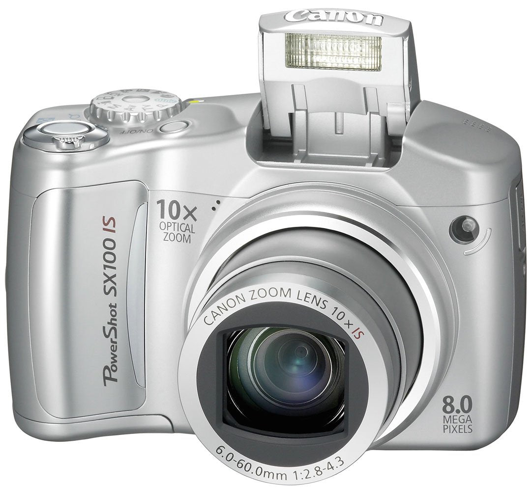 silver Canon PowerShot SX100 IS digital camera with a 10x optical zoom lens