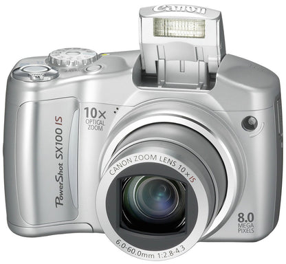 silver Canon PowerShot SX100 IS digital camera with a 10x optical zoom lens