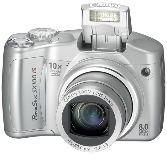 silver Canon PowerShot SX100 IS digital camera with a 10x optical zoom lens