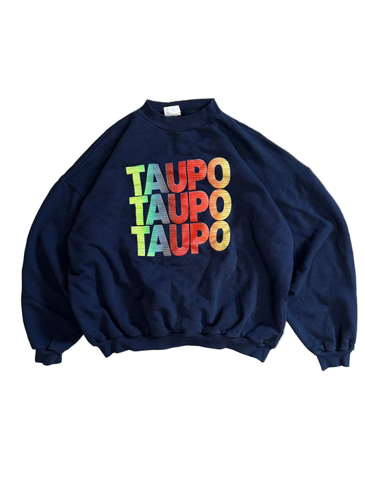 vintage navy blue crewneck sweatshirt featuring a colorful embroidered "TAUPO" graphic on the front Large