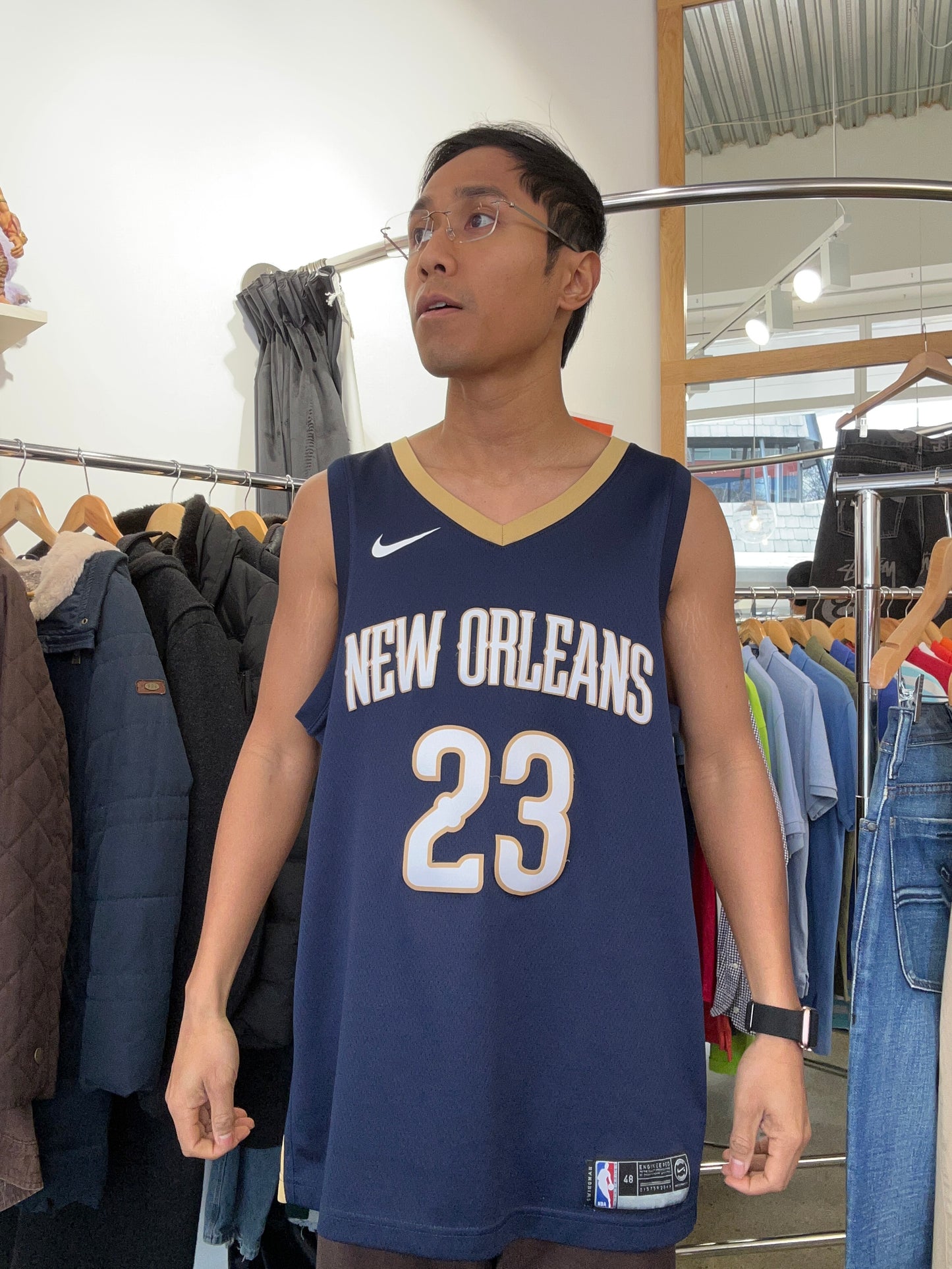 Nike Navy New Orleans Pelicans Anthony Davis #23 Icon Edition Swingman Jersey featuring gold and red trim Large