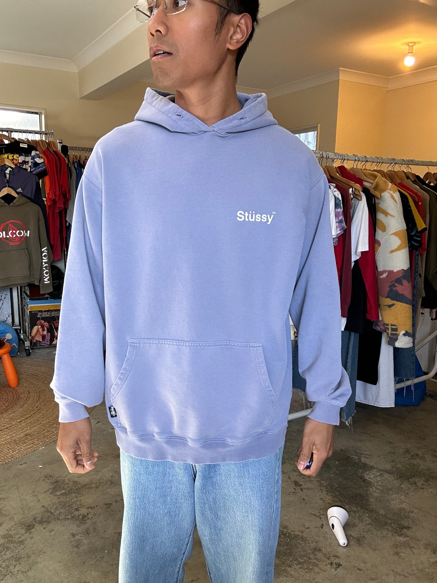 Stüssy hoodie is a vintage washed lilac French terry Faded  Medium