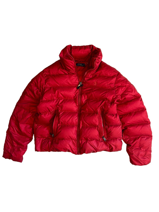 red down puffer jacket from Polo Ralph Lauren, characterized by its quilted design and signature embroidered pony logo on the chest Large