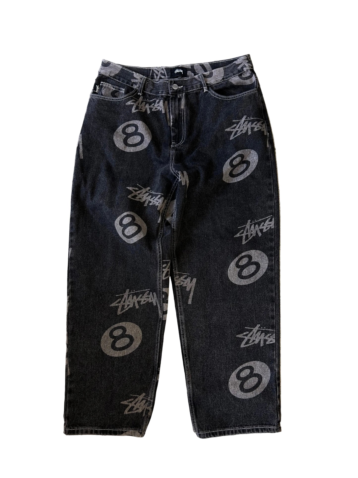 black Stüssy Stock 8 Big OL Jeans featuring an all-over washed graphic print of the brand's iconic 8-ball and stock logo 34