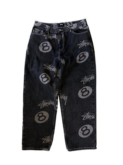 black Stüssy Stock 8 Big OL Jeans featuring an all-over washed graphic print of the brand's iconic 8-ball and stock logo 34