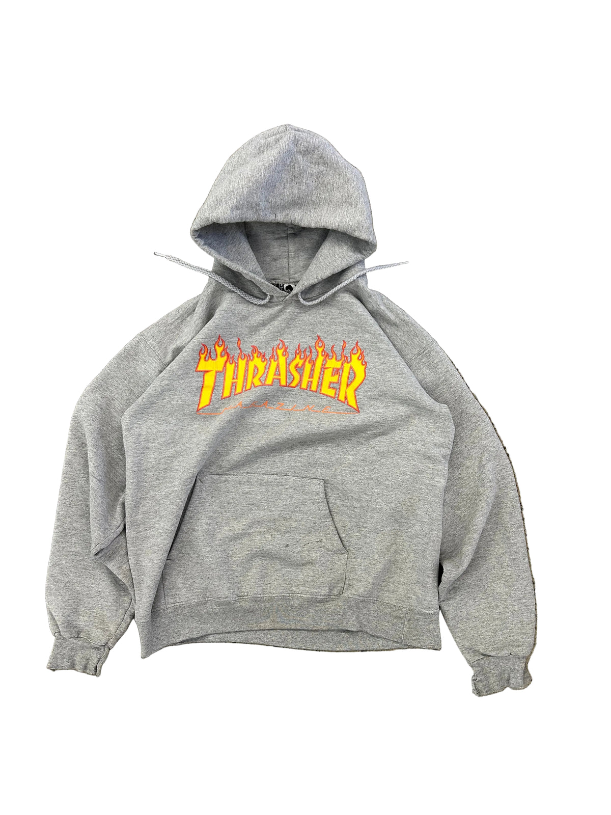 heather grey Thrasher hoodie features the brand's iconic yellow and red flame logo printed across the chest Small