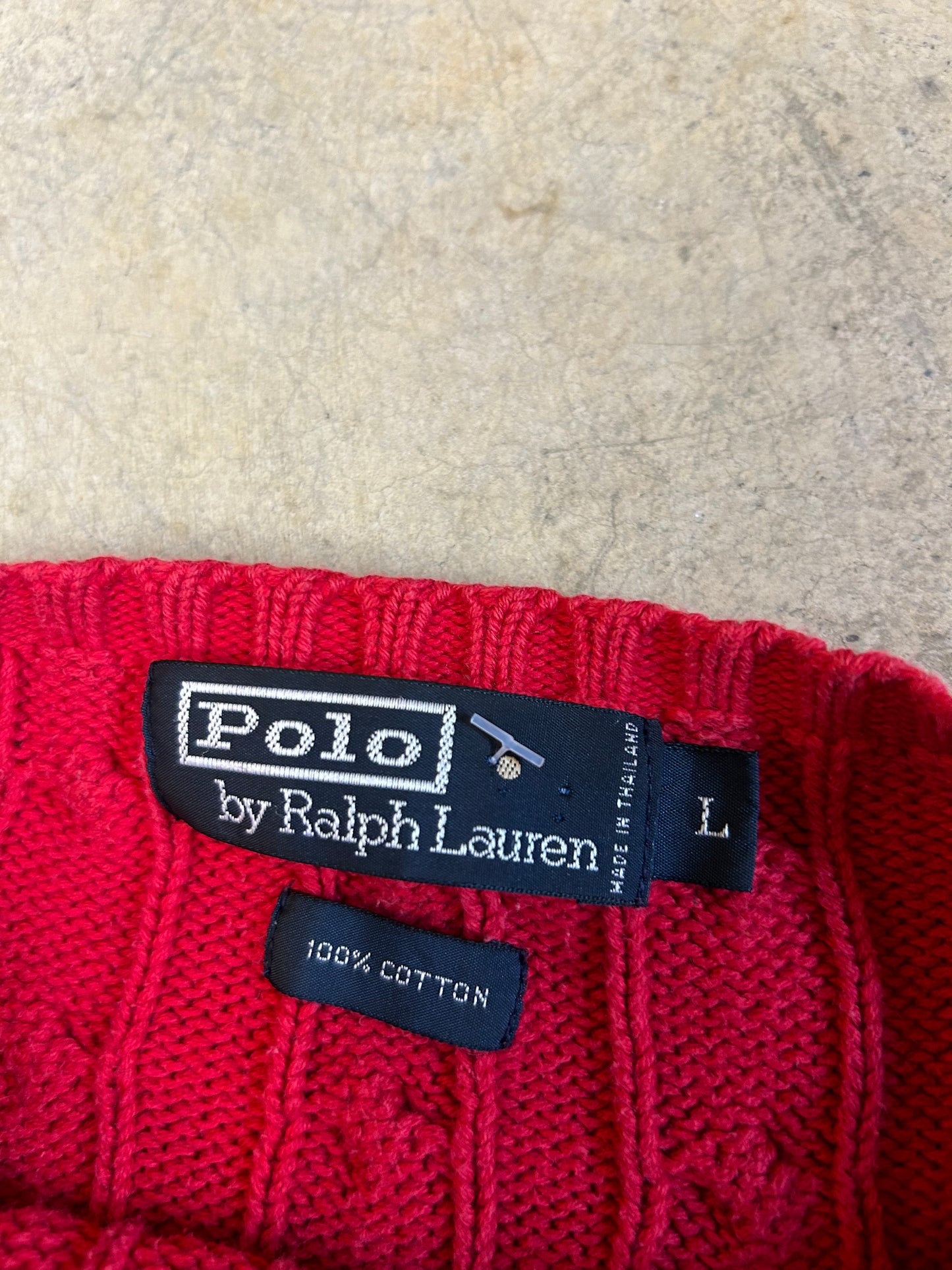 Vintage Faded Polo by Ralph Lauren cable-knit cotton sweater in red Large