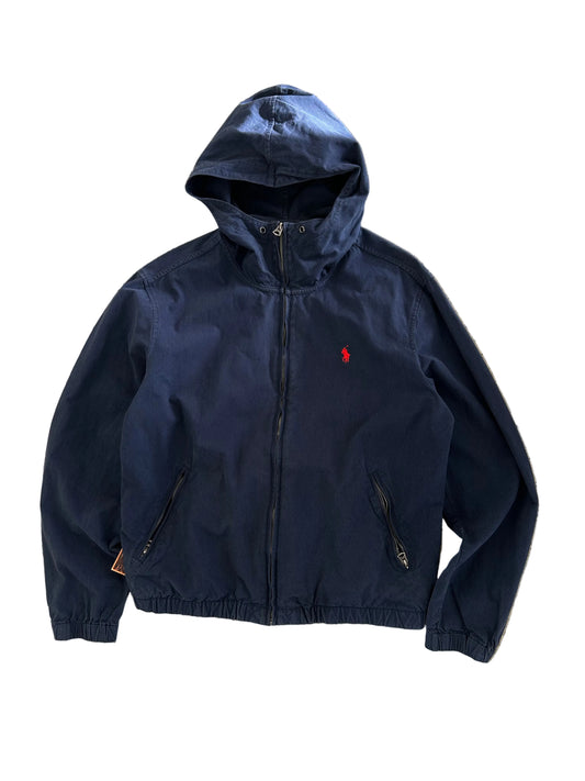 dark blue Polo Ralph Lauren hooded windbreaker features a distinctive red embroidered logo on the chest Navy Blue Large