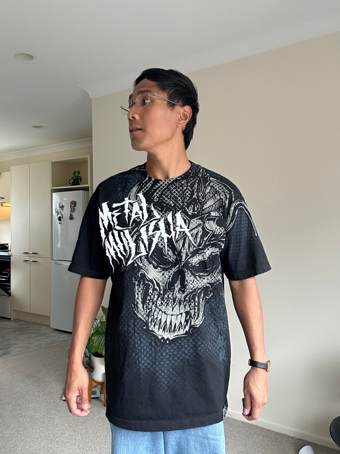 Y2K Metal Mulisha Gravity Tee in black cotton with a grey MM skull graphic Large