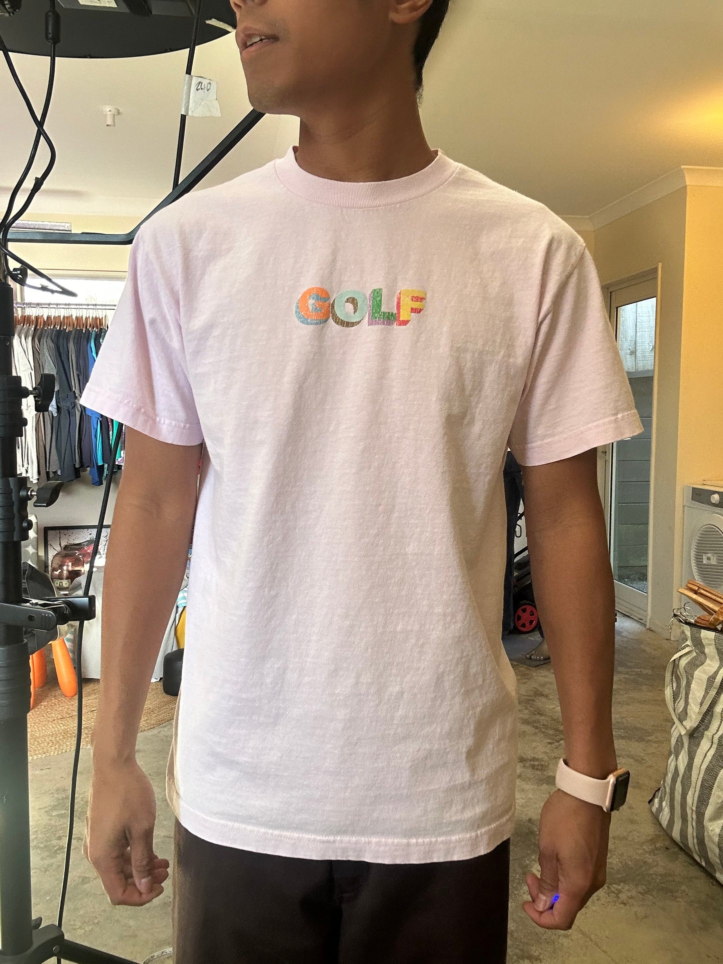 pink Golf Wang t-shirt featuring a multi-colored embroidered logo Medium