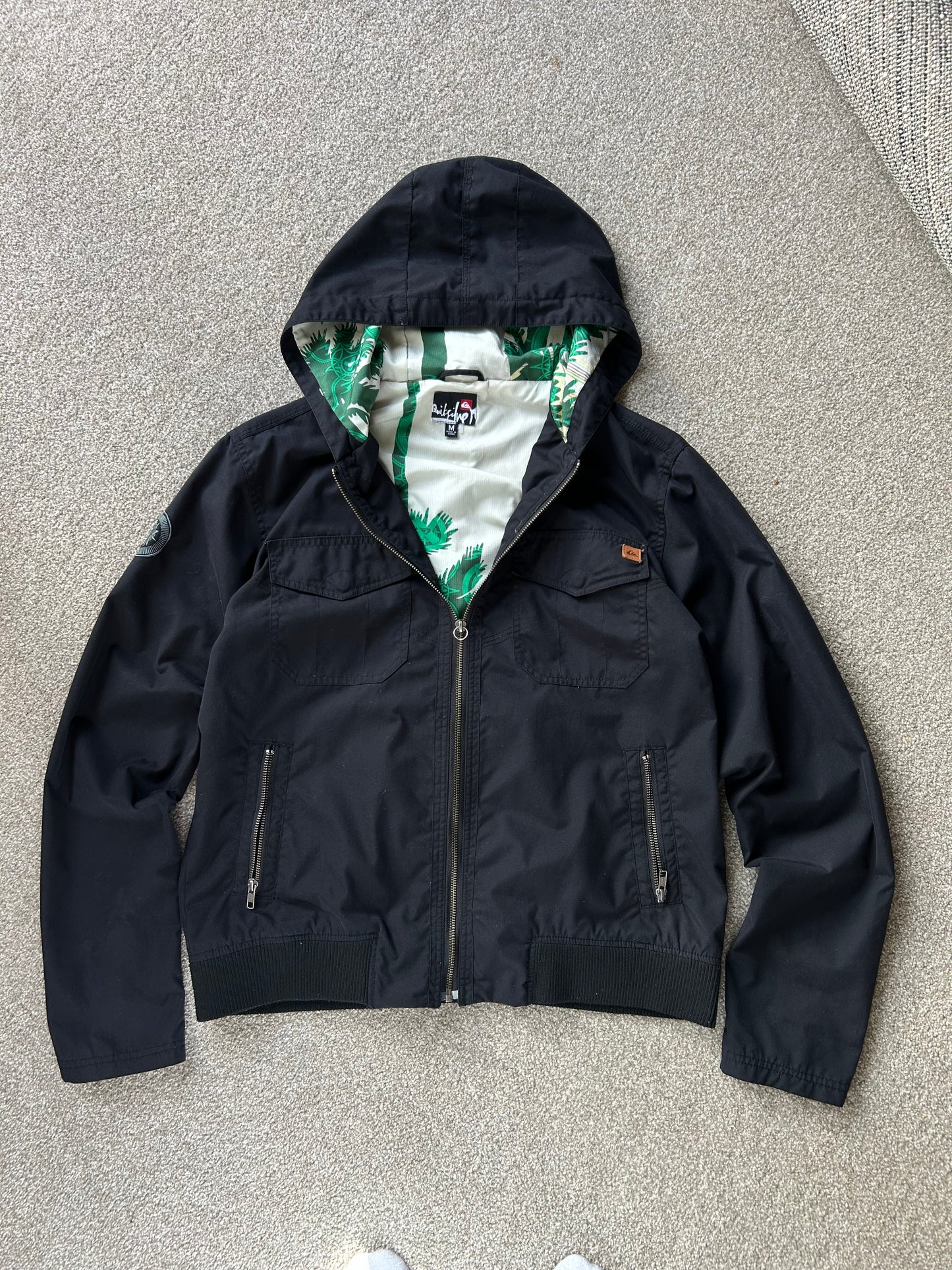 Quiksilver Mens Windbreaker Jacket Medium Black Y2K Full Zip Hooded