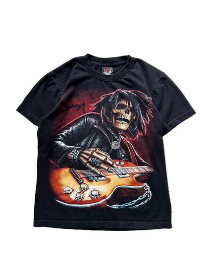 black graphic t-shirt featuring a skeleton playing an electric guitar Hot Rock Tee