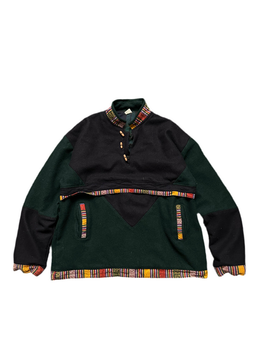 Mens Heavy Flannel Lined Nepal Hoodie Hippie Pullover Hidden Stash Pocket L