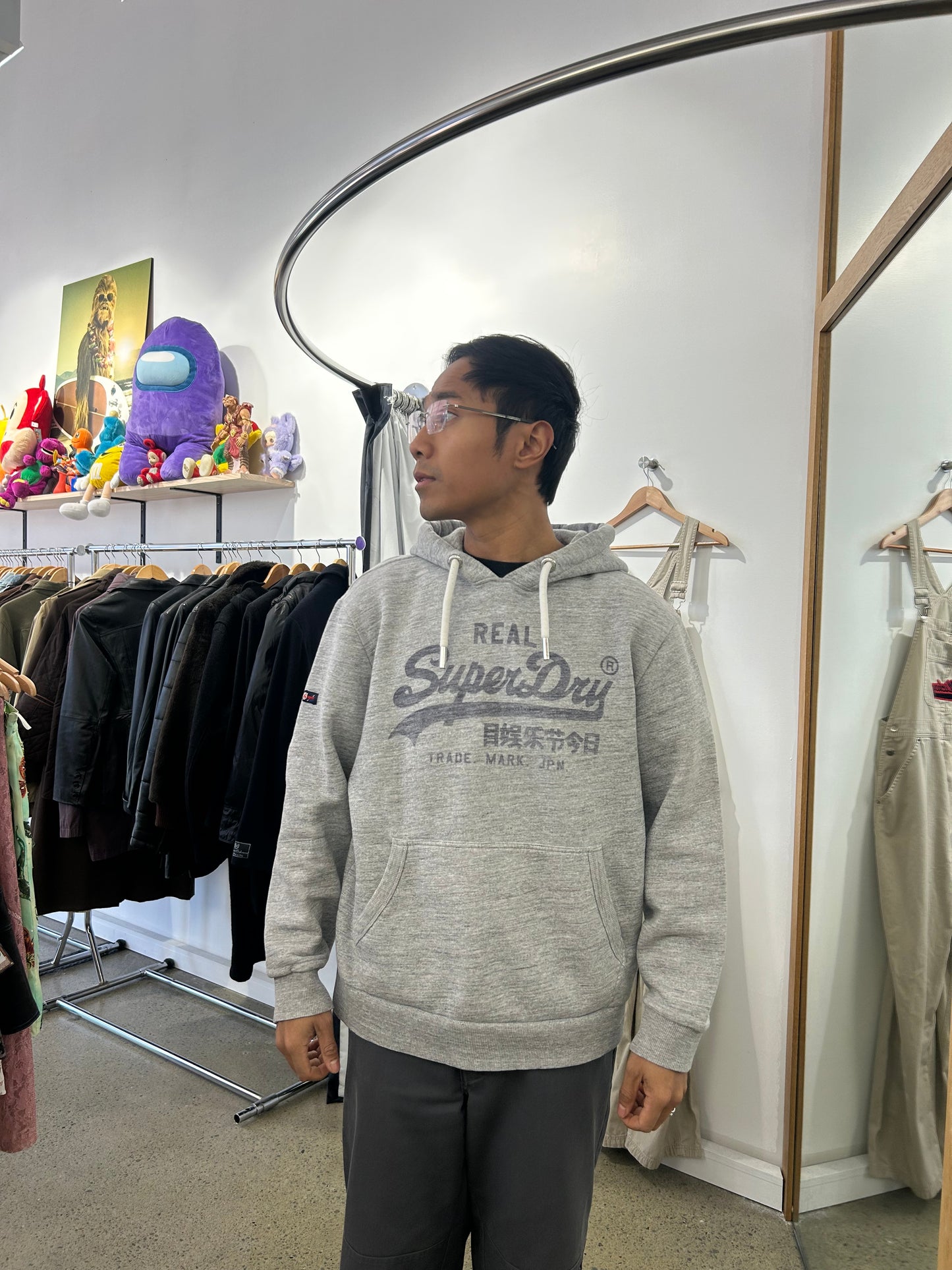 heather grey Superdry Vintage Logo Heritage Hoodie features a distinct cracked graphic print on the chest