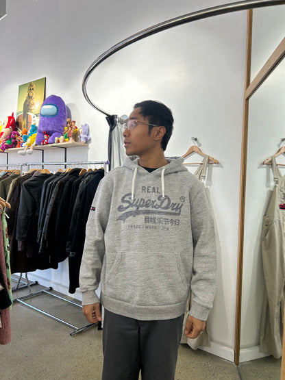 heather grey Superdry Vintage Logo Heritage Hoodie features a distinct cracked graphic print on the chest