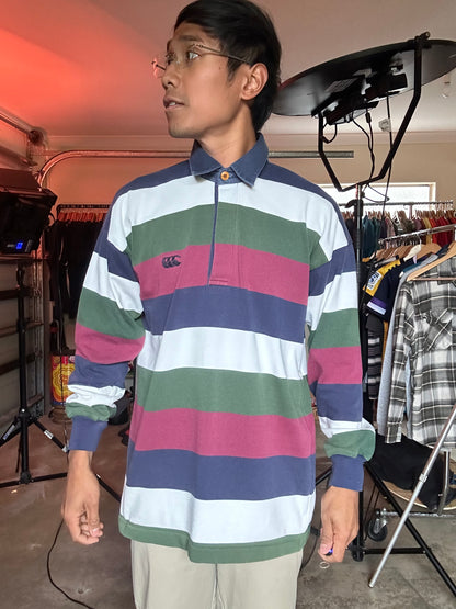 vintage Canterbury of New Zealand striped rugby shirt featuring the brand's iconic 'three kiwis' logo Navy Large