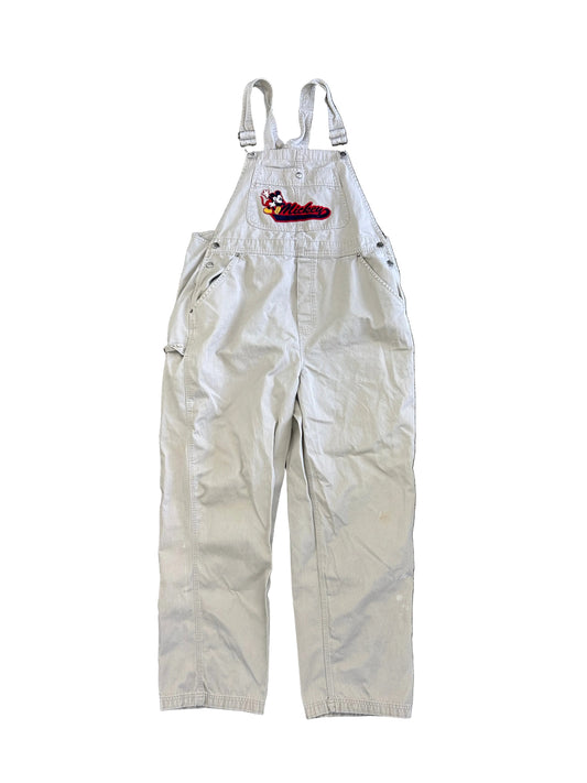 vintage Disney Mickey Mouse overalls are khaki-colored with a colorful embroidered logo Large
