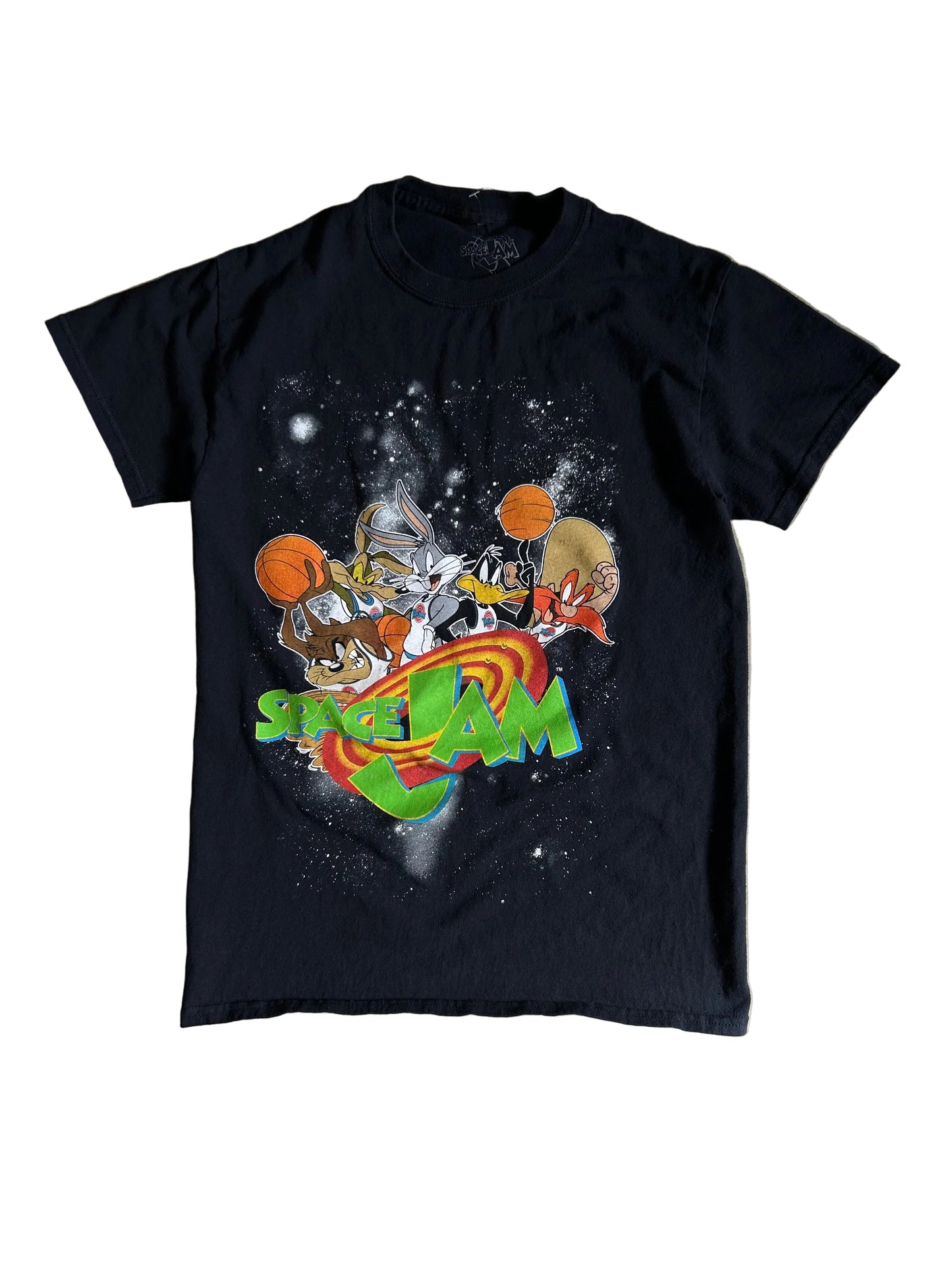 Small black graphic t-shirt featuring the characters and logo from the 1996 film Space Jam